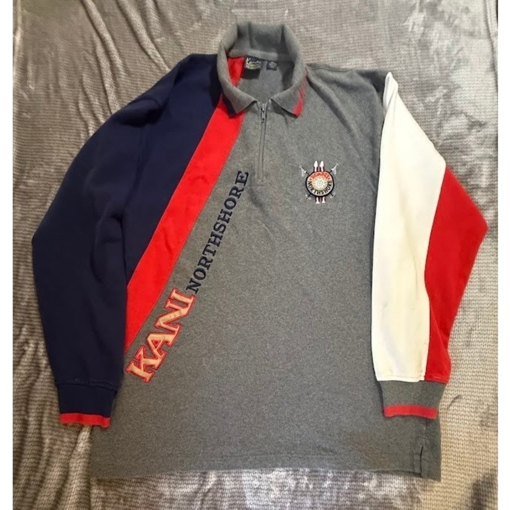 Vintage Karl Kani Northshore 1/4 Zip Sweatshirt XL Grey Colorblock 90s HipHop.